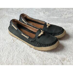 UGG Women's Size 8 Chivon Espadrille Boat Shoes Black Leather Comfort Flats